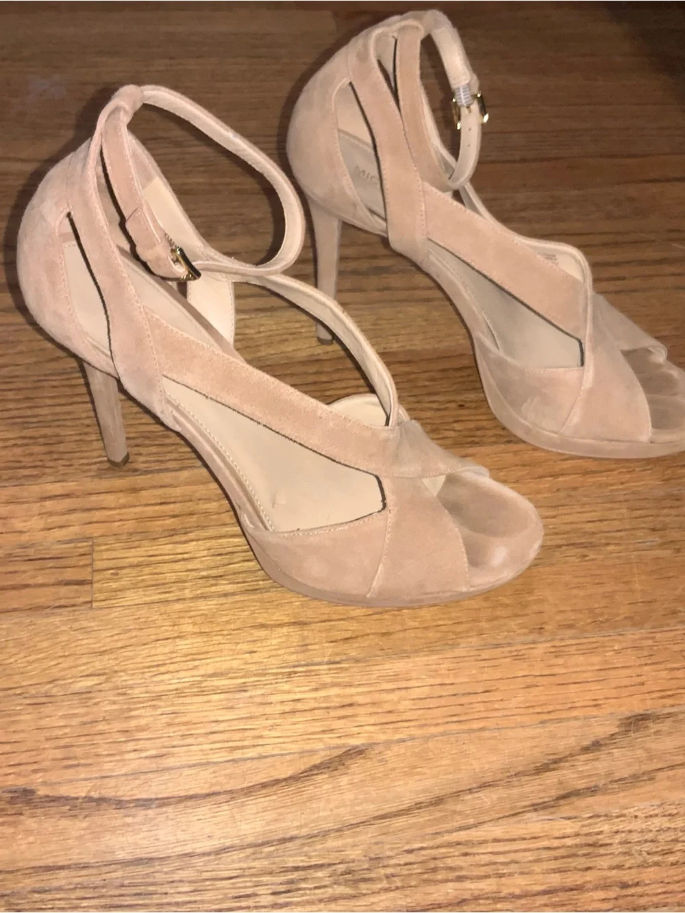 Michael Kors Suede Crisscross Ankle-Strap Heels in Beige